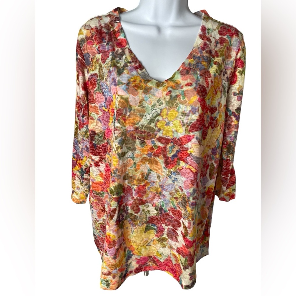 Coldwater Creek Multicolor Floral V-Neck Blouse 3/4 Sleeve 2X